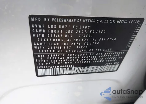 2021 Volkswagen Tiguan 2.0T Se/2.0T Se R-Line Black/2.0T Sel из США, поврежденный, VIN 3VV2B7AX6MM004940